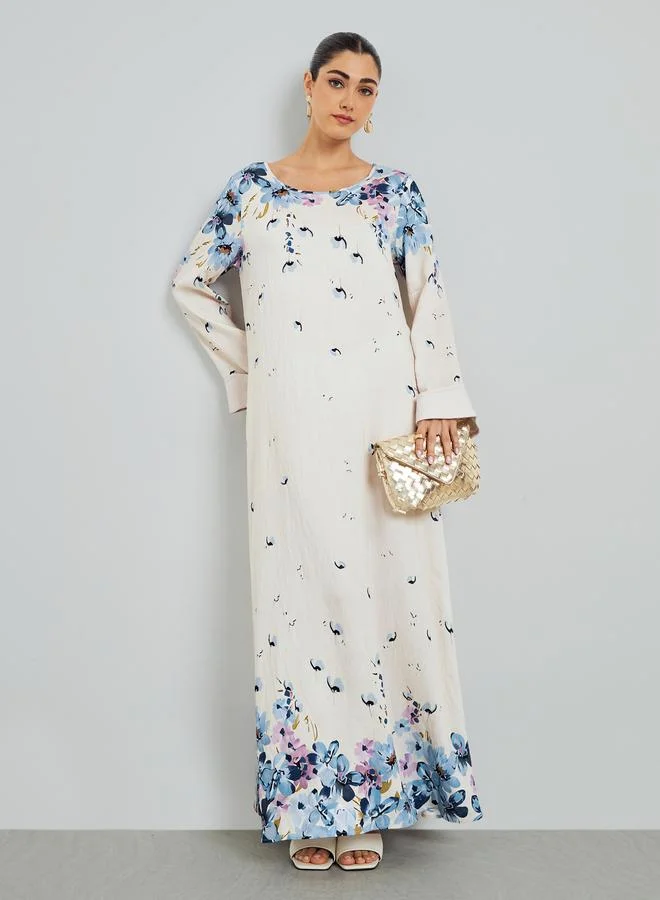 Amirah Blue Floral Print A-Line Jalabiya
