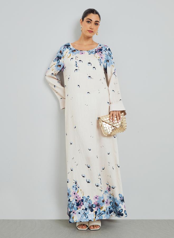 Amirah Blue Floral Print A-Line Jalabiya - Image 1