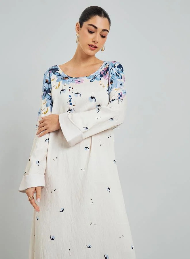 Amirah Blue Floral Print A-Line Jalabiya