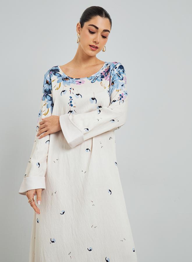 Amirah Blue Floral Print A-Line Jalabiya - Image 2