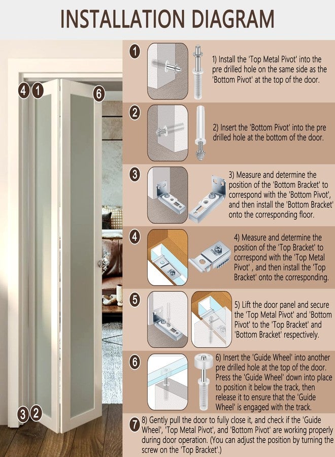 POSTANTIN Bifold Closet Door Hardware Kit with Top/Bottom Bracket, Guide Wheel & Pivot Folding Door Hardware Replacement, Bifold Door for 7/8" to 1" Bifold Door Track(2 Pack) - Image 4
