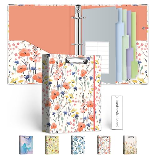 KLLVE Mini Binder Organizer，1 Inch 3 Ring Binder with Clipboard, 5-Tabs Pockets Dividers, Plastic Folder, 18 Divider Stikers, Pen Loop (Flora, 5.5" x 8.5") - Image 1