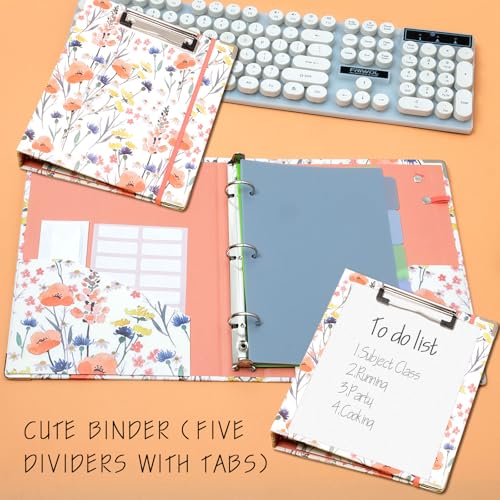 KLLVE Mini Binder Organizer，1 Inch 3 Ring Binder with Clipboard, 5-Tabs Pockets Dividers, Plastic Folder, 18 Divider Stikers, Pen Loop (Flora, 5.5" x 8.5") - Image 2