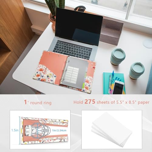 KLLVE Mini Binder Organizer，1 Inch 3 Ring Binder with Clipboard, 5-Tabs Pockets Dividers, Plastic Folder, 18 Divider Stikers, Pen Loop (Flora, 5.5" x 8.5") - Image 3