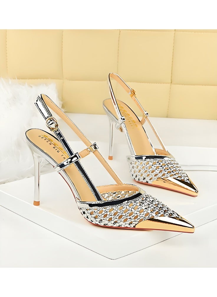 بيج تري النساء النسيج جوف خارج مغلقة موجهة إصبع القدم مضخات الخلفية الكعب العالي الفضة 9.5CM - Image 2