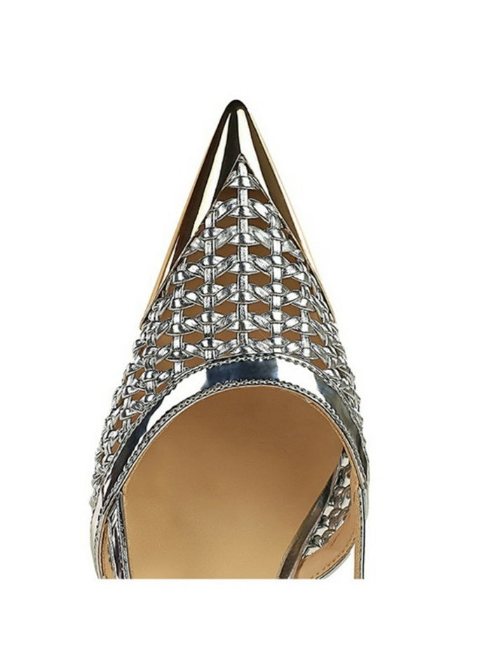 بيج تري النساء النسيج جوف خارج مغلقة موجهة إصبع القدم مضخات الخلفية الكعب العالي الفضة 9.5CM - Image 3