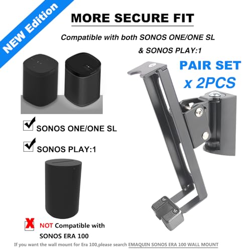 EMAQUIN Wall Mounts Brackets-Pair Set-2PCS for SONOS ONE/SONOS ONE SL/SONOS Play 1 Speaker (Include 2PCS,Swivel and Tilt,Compatible with Both SONOS ONE/ONE SL/SONOS Play 1,Black Pair) - Image 3