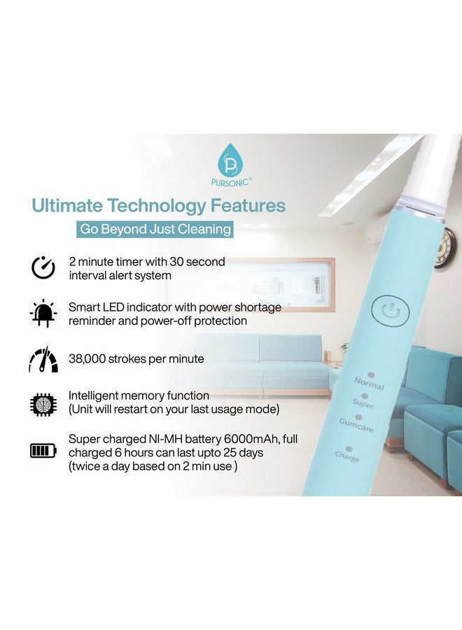 Pursonic Whitening USB Rechargeable Sonic Toothbrush-12 Brush Heads!- 38,000 Brush Strokes Per Minute-3 Brushing Modes with 2 Minute Auto Timer (Green) - Image 2