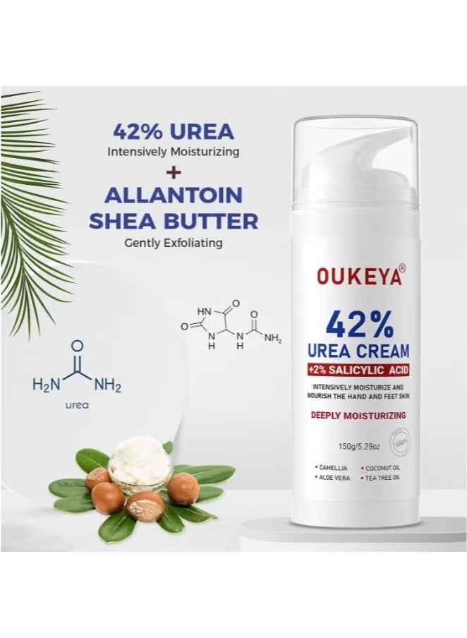 OUKEYA Urea Cream 42% plus Salicylic Acid 2% Foot & Hand Cream for Cracked Skin Intensive Repair Treatment on Hands, Heels, Elbows, and Feet - Relief for Dry Feet 150g  - Image 2