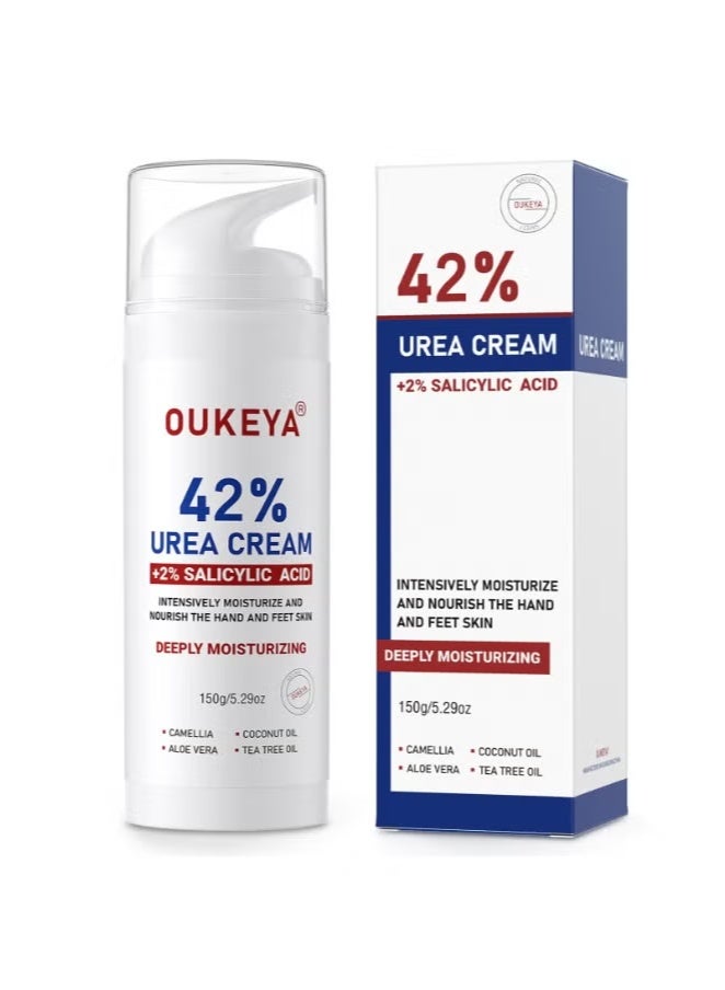 OUKEYA Urea Cream 42% plus Salicylic Acid 2% Foot & Hand Cream for Cracked Skin Intensive Repair Treatment on Hands, Heels, Elbows, and Feet - Relief for Dry Feet 150g  - Image 1