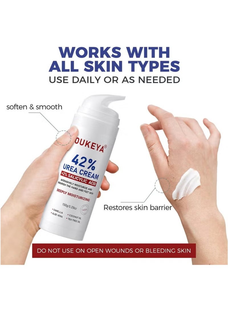 OUKEYA Urea Cream 42% plus Salicylic Acid 2% Foot & Hand Cream for Cracked Skin Intensive Repair Treatment on Hands, Heels, Elbows, and Feet - Relief for Dry Feet 150g  - Image 5
