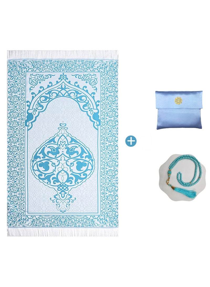 Islamic Prayer Mat Set, Foldable Muslim Prayer Rug with Prayer Tasbih Beads, Beautifull Pouch – Soft Travel , Gift Set for Ramadan, Hajj, Umrah for Men & Women - Image 1