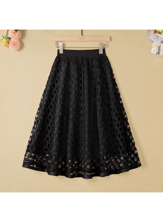 Cypress House High-waisted Slimming A-line Puff Skirt】new Summer Women's Solid Color Mid-length Skirt With Hollow Design, Available In Plus Sizes - Image 2