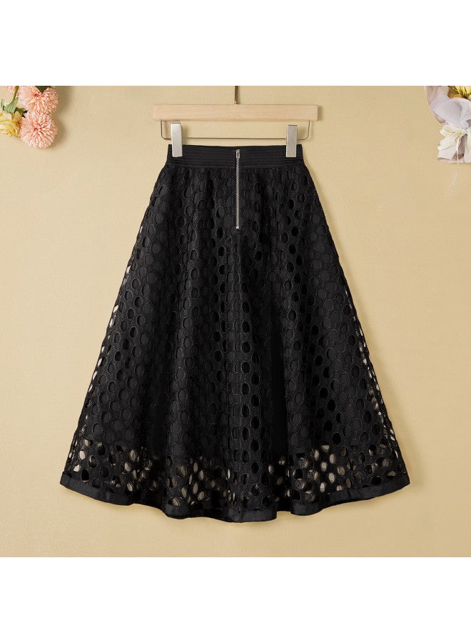 Cypress House High-waisted Slimming A-line Puff Skirt】new Summer Women's Solid Color Mid-length Skirt With Hollow Design, Available In Plus Sizes - Image 3