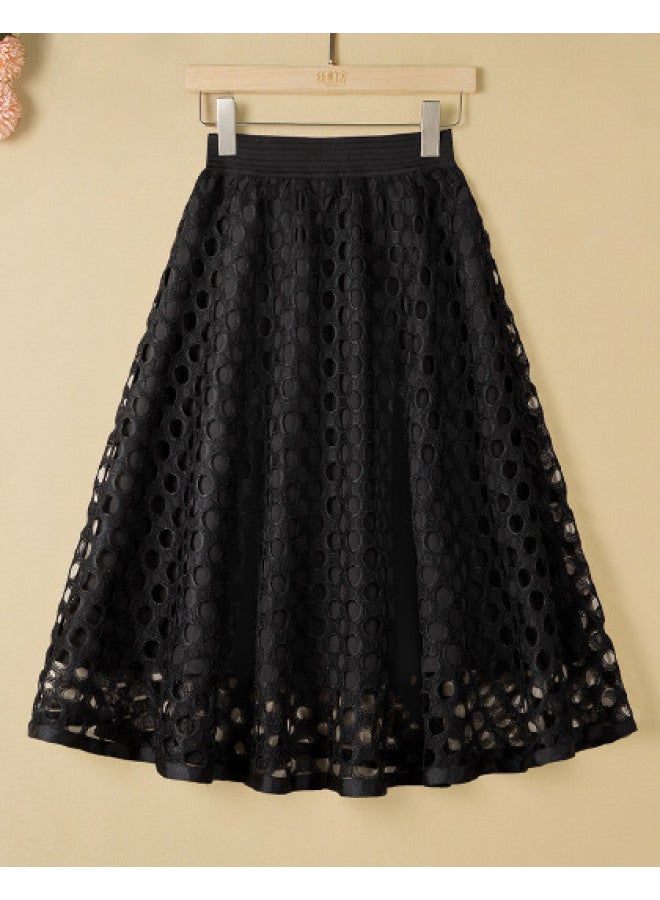 Cypress House High-waisted Slimming A-line Puff Skirt】new Summer Women's Solid Color Mid-length Skirt With Hollow Design, Available In Plus Sizes - Image 1