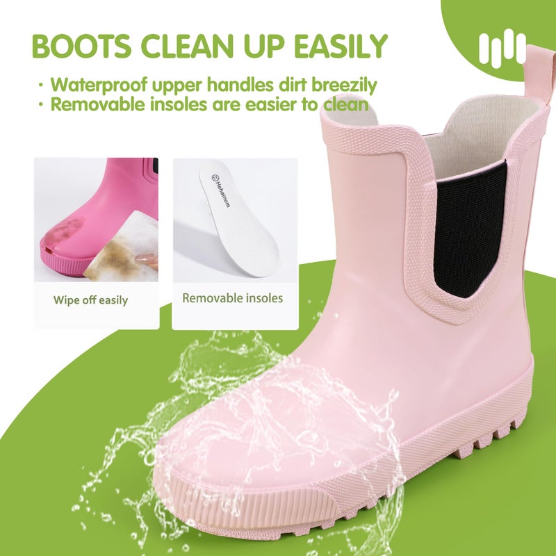 Hehainom Girls Rain Boots Toddler Kids Rain Boots Size 4 Pink Waterproof Rainboots Easy-on Light Weight Chelsea Rain Shoes - Image 4