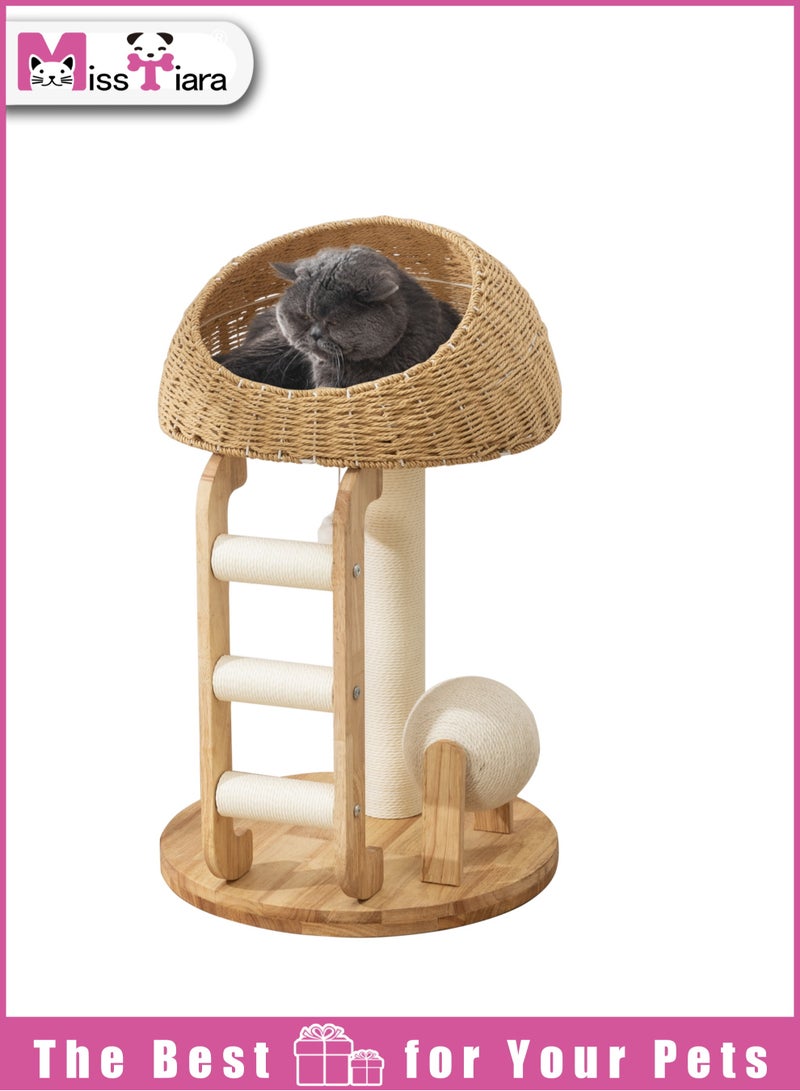 MissTiara Cat Tree Tower, Cat Bed with Toy, Cat Furniture Scratching Tree for Indoor Cat, Manual Hand Woven Tall Wood Cat House,Includes 45cm large cat bed with 15cm Cat scratching ball toys,New Cat Condo Unique Cat Gift  - Image 1