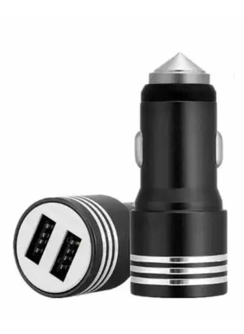 Dual Usb Metal Alloy Car Charger Adapter With Emergency Safety Hammer Function Black - Image 1