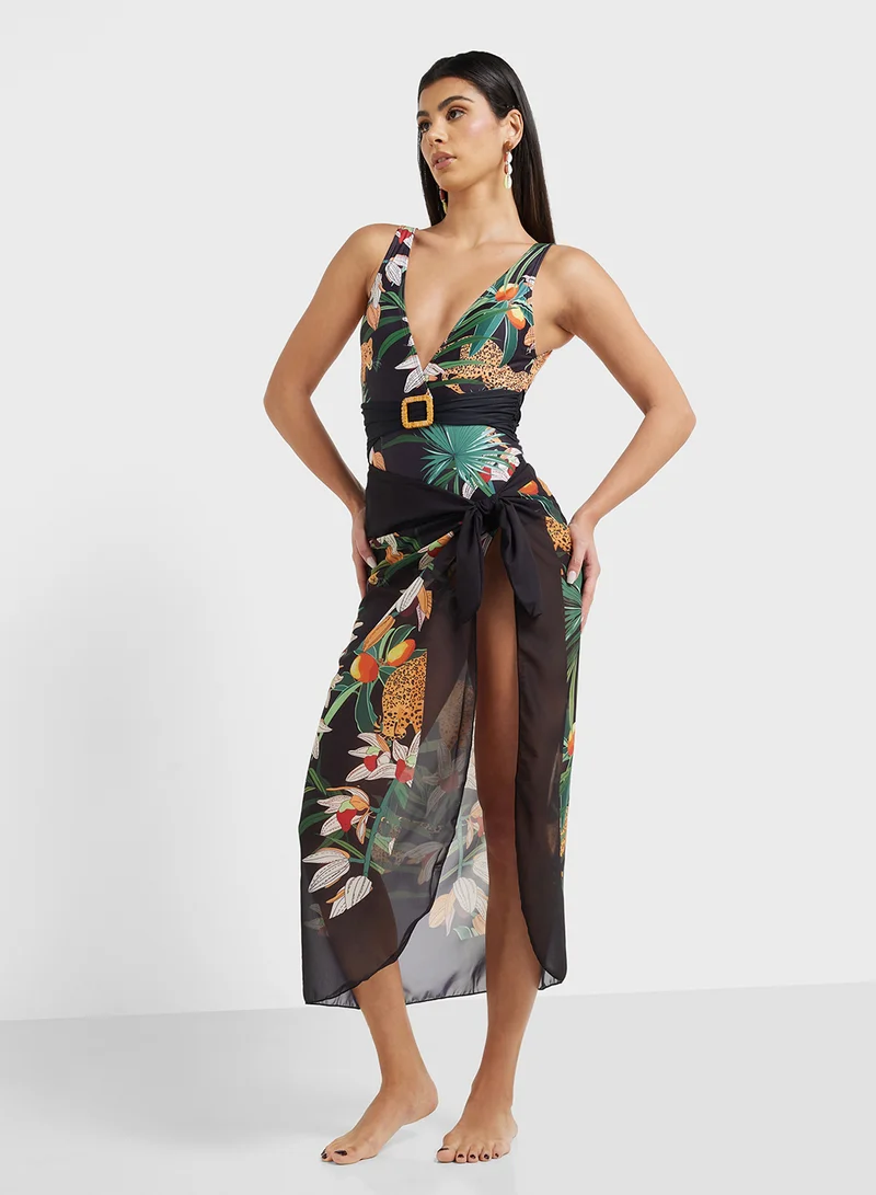 ELLA Tropical Print Swimsuit & Beach Sarong
