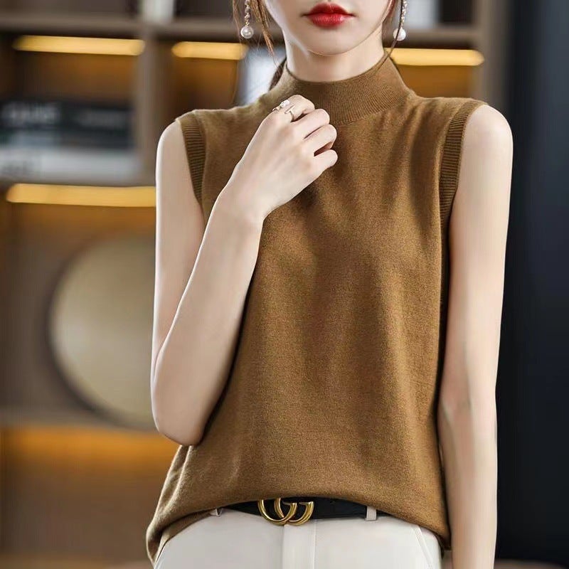 Ice Silk T-Shirt 2024 Spring And Korean Style Sleeveless Bottoming Shirt Half Turtleneck Slim Knitted Inner Vest Top - Image 5