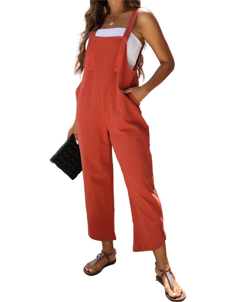 Omoone Women Sleeveless Cotton Straps Baggy Jumpsuit Overalls Casual Summer Bib Rompers Pockets (3124-BrickRed-M) - Image 1