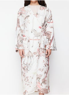 trendyol Beige Patterned Double Breasted Closure Long Woven Abaya Cap & Abaya TCTSS24KF00008  - Image 3