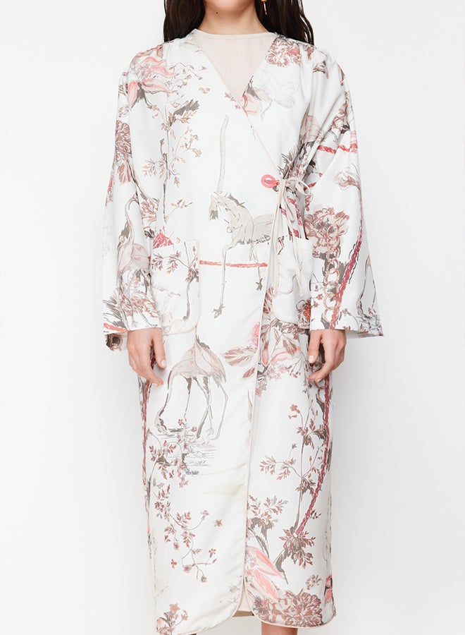 trendyol Beige Patterned Double Breasted Closure Long Woven Abaya Cap & Abaya TCTSS24KF00008  - Image 3