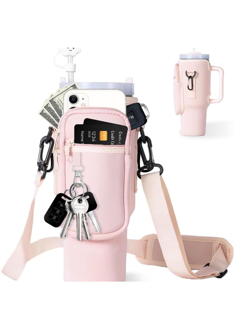 pink color durable neoprene water bottle carrier bag for Stanley tumbler with zipper pocket and adjustable strap water bottle sleeve 