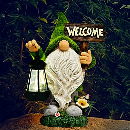 ASAWASA Gnomes Decorations for Yard with Solar LED Light, 10.8" Large Outdoor Funny Garden Lawn Gnome Decor with Welcome Sign - Image 1