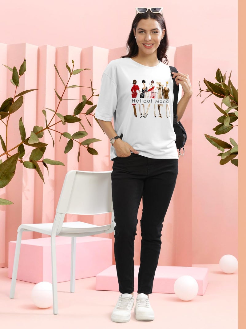 HELLCAT Cotton Blend White Printed Loose Fit Crew-Neck Crop T-Shirt for Women/White/Large - Image 5