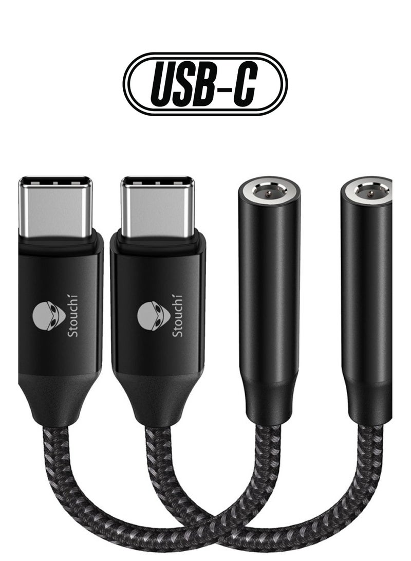 Stouchi محول USB C إلى 3.5 مم أنثوي 2 عبوات، كابل صوت سماعة رأس نوع C، دنجلي Hi-Fi لهواتف سامسونج جالاكسي S22 S21 ألترا Z فليب نوت 20، آيباد ميني 6، بيكسل 7/6a/6 - أسود - Image 1