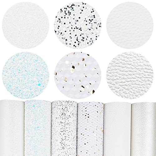 Litchi 6 Pack 8x12 Inch Faux Leather Sheets for Bow Earring, Easy to Cut Vinyl Fabric for Cricut, Durable Fade Resistant Leatherette Without Smell, White - Image 1