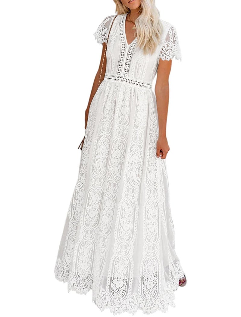 MEROKEETY Women's 2026 V Neck Short Sleeve Floral Lace Wedding Dress A Line Boho Bridesmaid Cocktail Party Maxi Dress, White, Small - Image 1