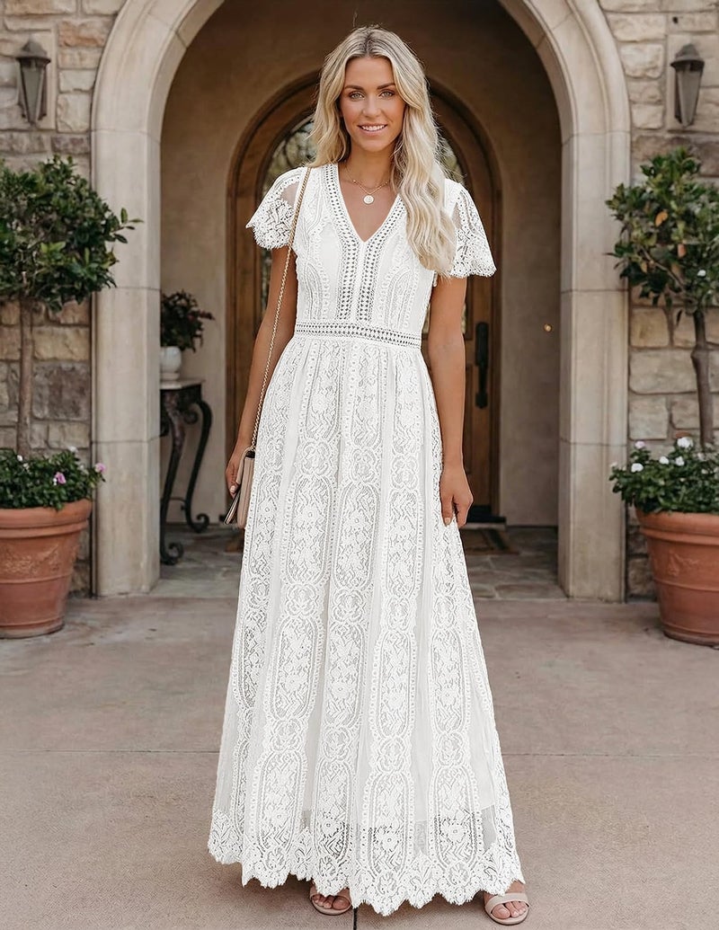 MEROKEETY Women's 2026 V Neck Short Sleeve Floral Lace Wedding Dress A Line Boho Bridesmaid Cocktail Party Maxi Dress, White, Small - Image 2