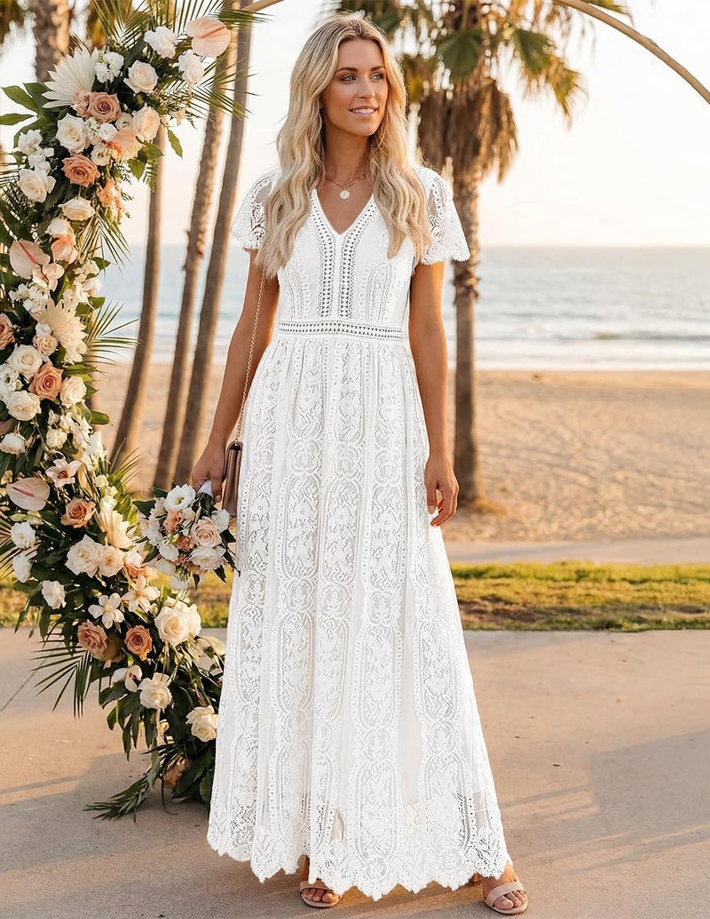MEROKEETY Women's 2026 V Neck Short Sleeve Floral Lace Wedding Dress A Line Boho Bridesmaid Cocktail Party Maxi Dress, White, Small - Image 3