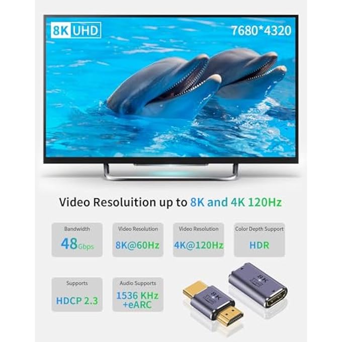 rayihni 8K HDMI2.1 ADAPTER, 48GBPS, UHD, HDMI MALE TO MALE ADAPTER, HDMI FEMALE TO FEMLAE COUPLER CONNECTOR, SUPPORTS 8K@60HZ VIDEO FOR DVD,TV, MONITORS (2 PACK) - Image 2