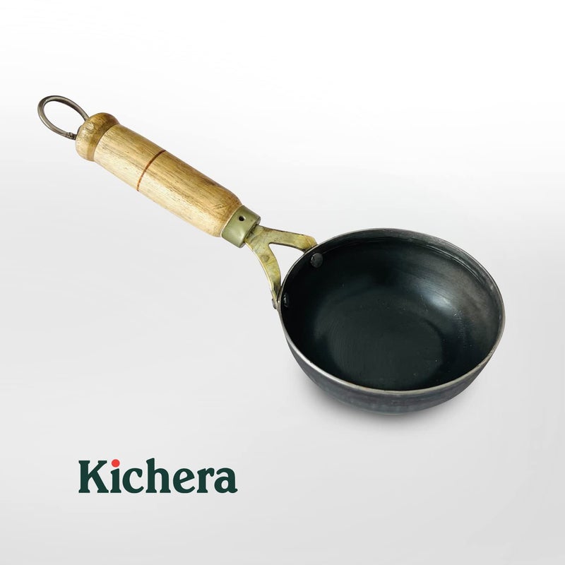 Kichera 5 Inch PreSeasoned Iron Tadka Pan with Wooden Handle 13cm 04kg Thalippu karandi Gas Compatible Frying Pan for Eggs Spices and More - Image 3