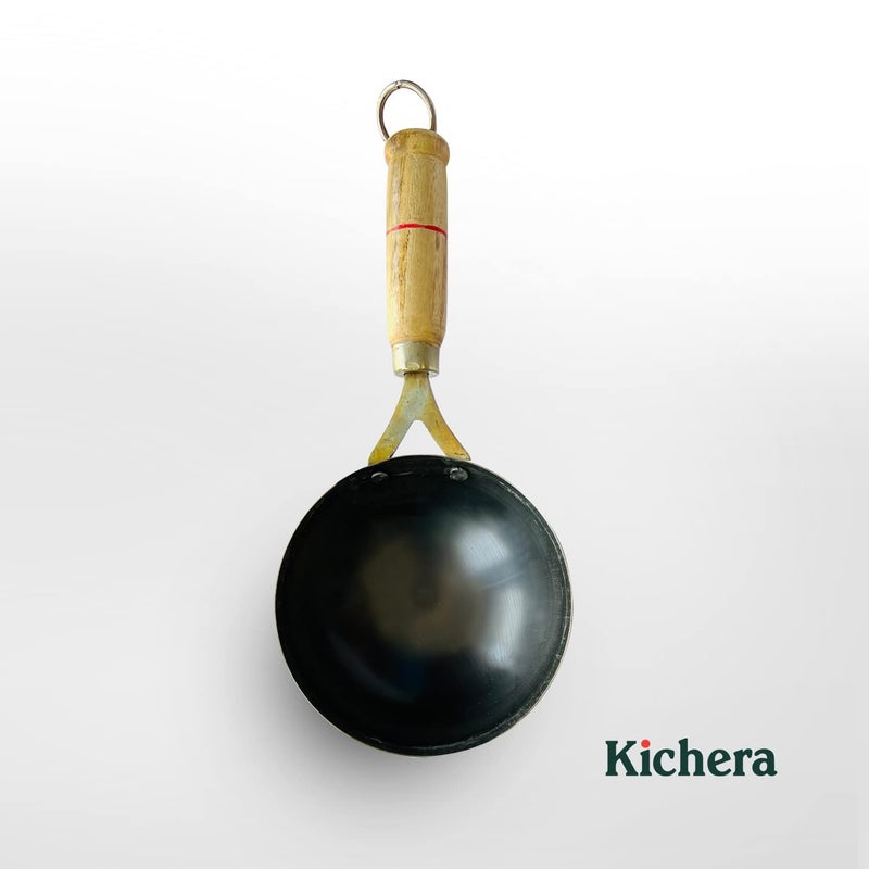Kichera 5 Inch PreSeasoned Iron Tadka Pan with Wooden Handle 13cm 04kg Thalippu karandi Gas Compatible Frying Pan for Eggs Spices and More - Image 5