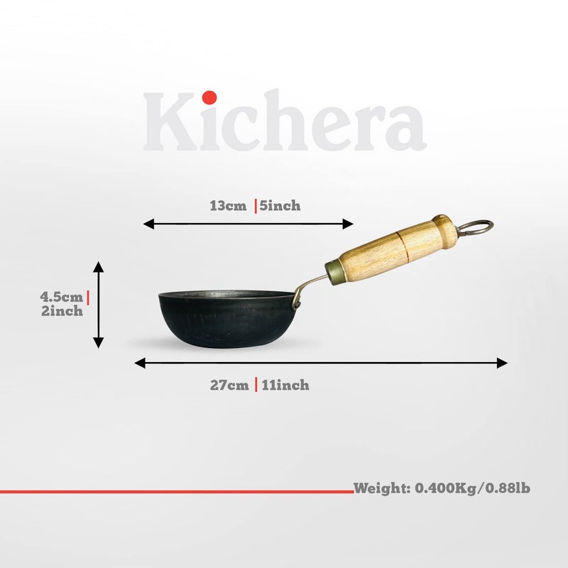 Kichera 5 Inch PreSeasoned Iron Tadka Pan with Wooden Handle 13cm 04kg Thalippu karandi Gas Compatible Frying Pan for Eggs Spices and More - Image 2