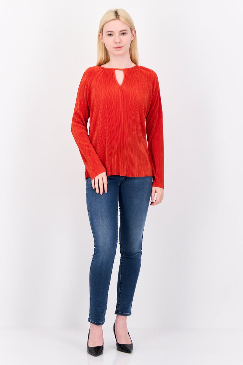 Cyrus Women Keyhole Neck Stripe Long Sleeve Blouse, Orange - Image 3