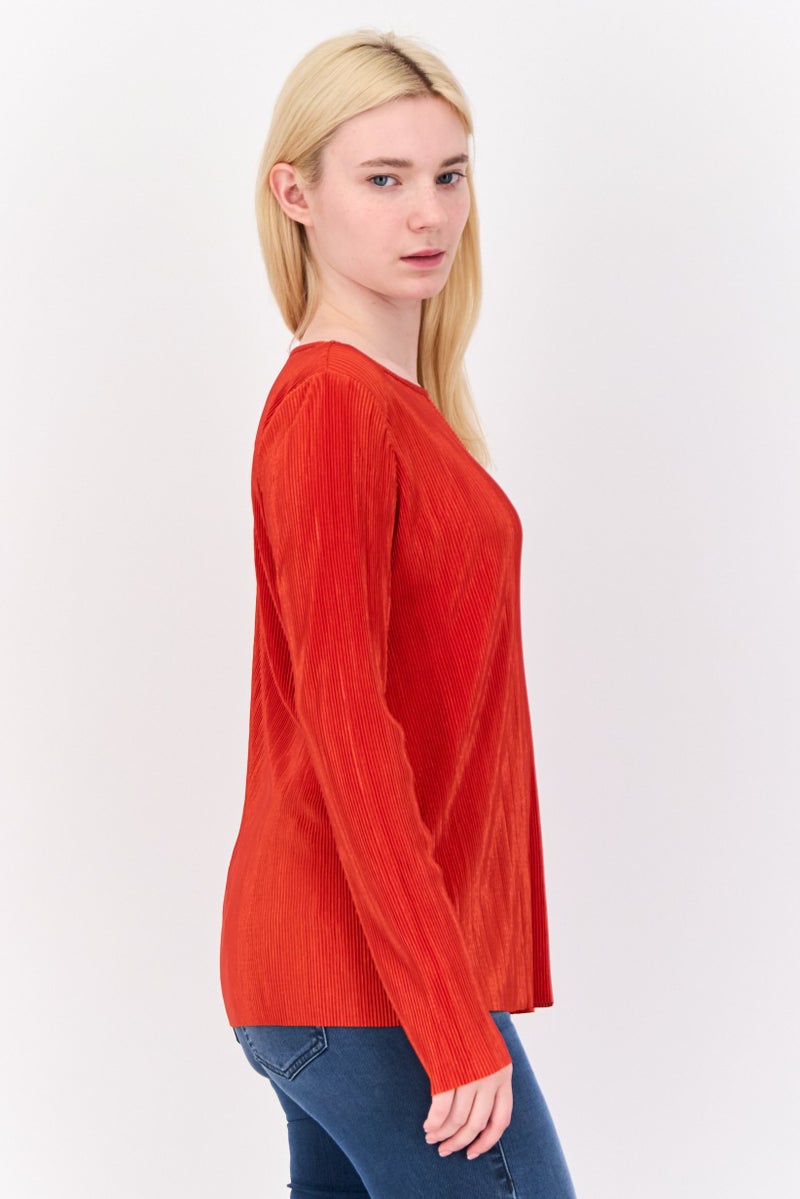 Cyrus Women Keyhole Neck Stripe Long Sleeve Blouse, Orange - Image 4