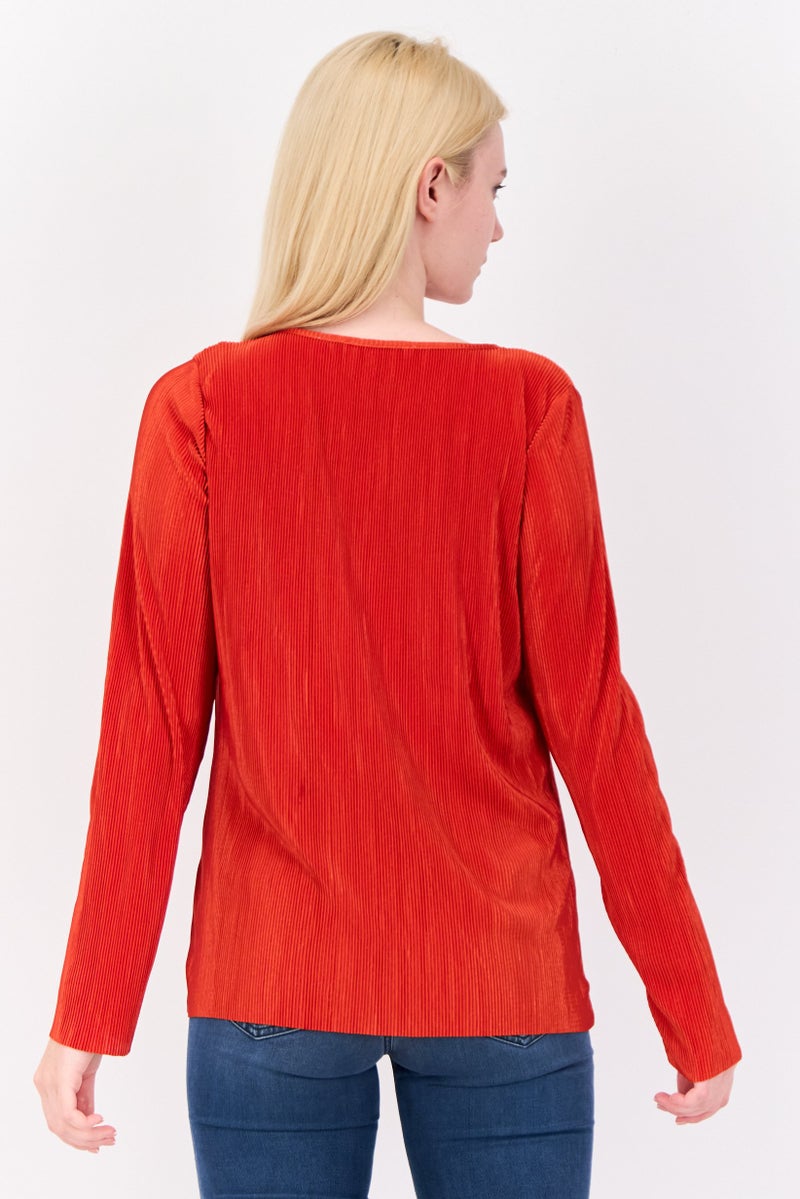 Cyrus Women Keyhole Neck Stripe Long Sleeve Blouse, Orange - Image 2