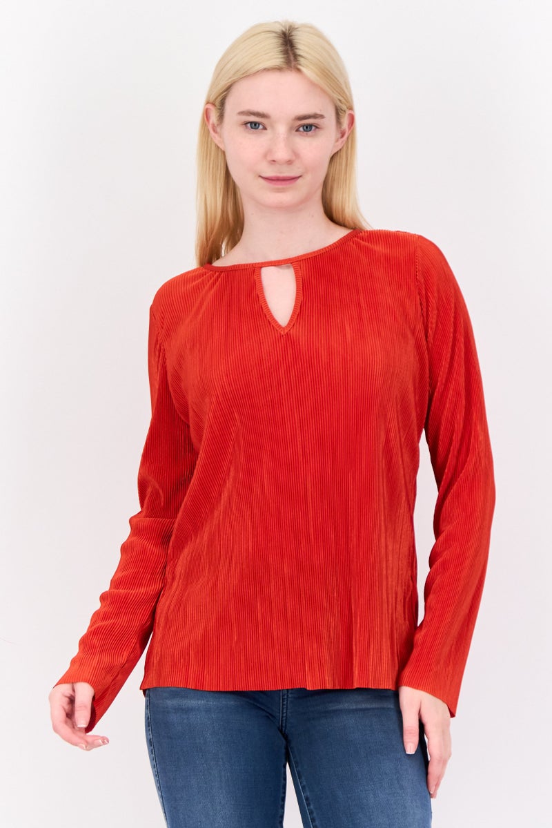 Cyrus Women Keyhole Neck Stripe Long Sleeve Blouse, Orange - Image 1