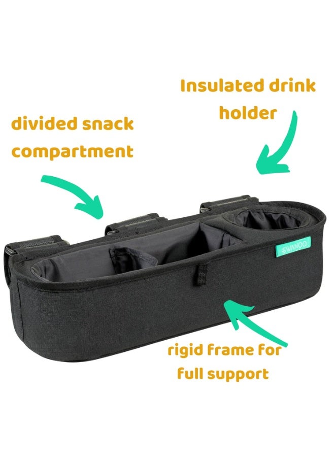 Swanoo Universal Stroller Tray with Insulated Sippy Cup Holder - Upgraded Rigid Frame Stays Upright - Exclusive Non Slip Straps Firmly Grip Stroller Bar. Universal Stroller Snack Tray Attachment - Image 4