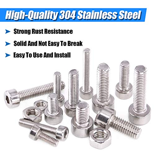 Glarks 510Pcs M3 M4 M5 304 Stainless Steel Hex Socket Head Cap Screws with Nuts Assortment Kit - Image 3