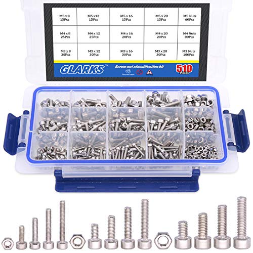 Glarks 510Pcs M3 M4 M5 304 Stainless Steel Hex Socket Head Cap Screws with Nuts Assortment Kit - Image 1