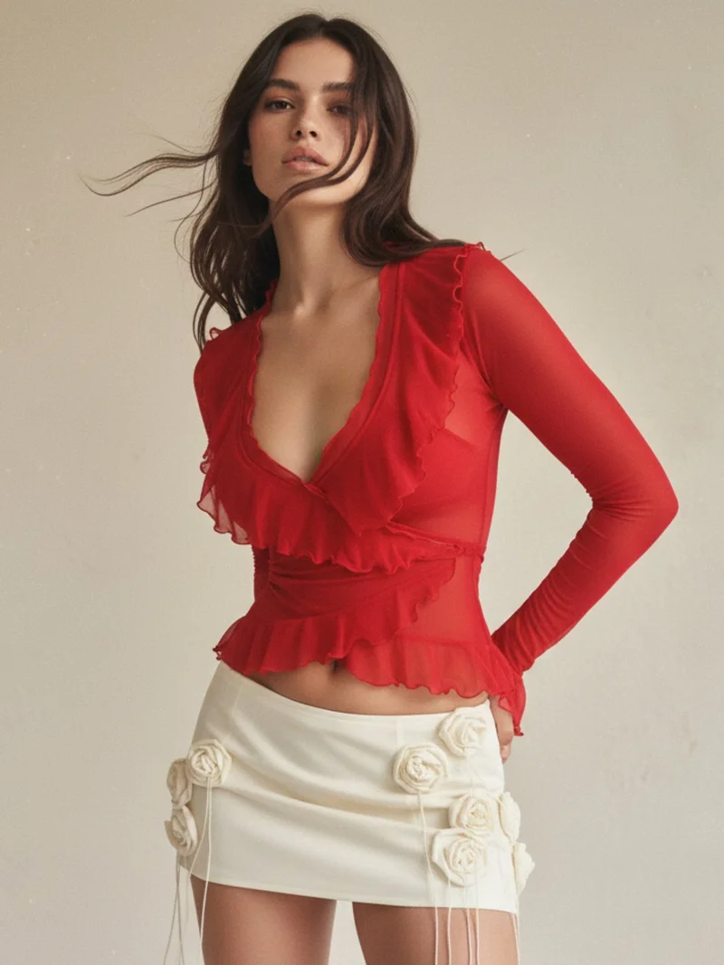 Red Ruffle Detail Full Sleeve Top