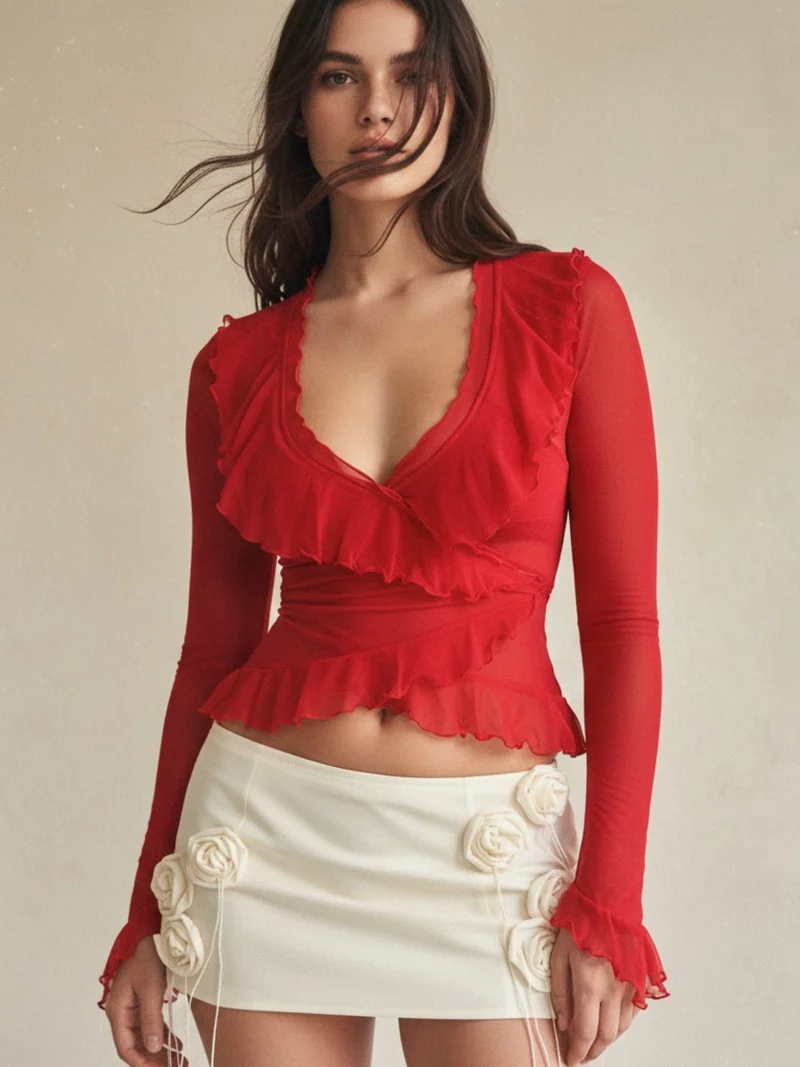 Outzidr  Red Ruffle Detail Full Sleeve Top for Women | Best Price UAE
