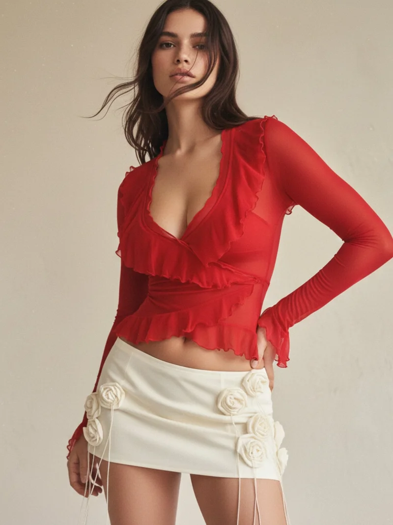 Outzidr  Red Ruffle Detail Full Sleeve Top for Women | Best Price UAE