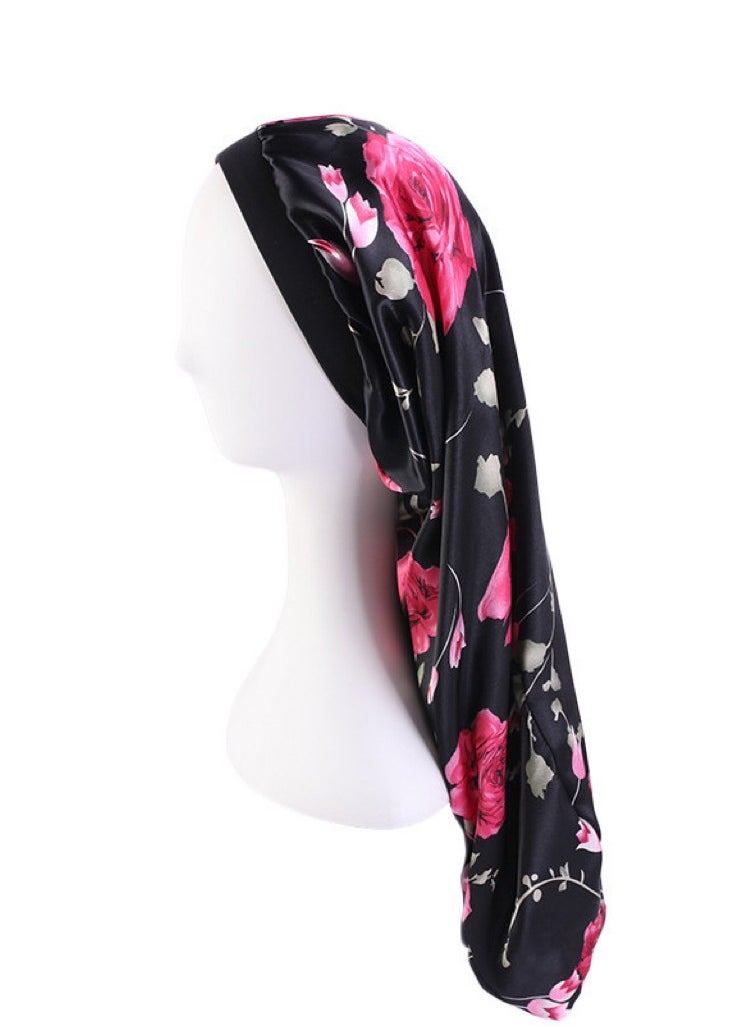 JoyousSto Satin Black Floral Nightcap Silk for Natural Hair Long Extra Large Sleep Cap for Women Night Use Wide Elastic Band Adjustable Very Soft and Comfortable  - Image 1